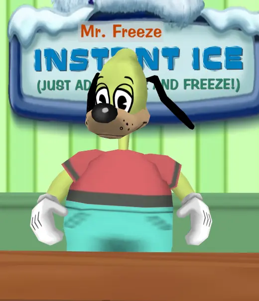 Mr. Freeze stands behind his desk in the Instant Ice shop. He is looking down and to the left.