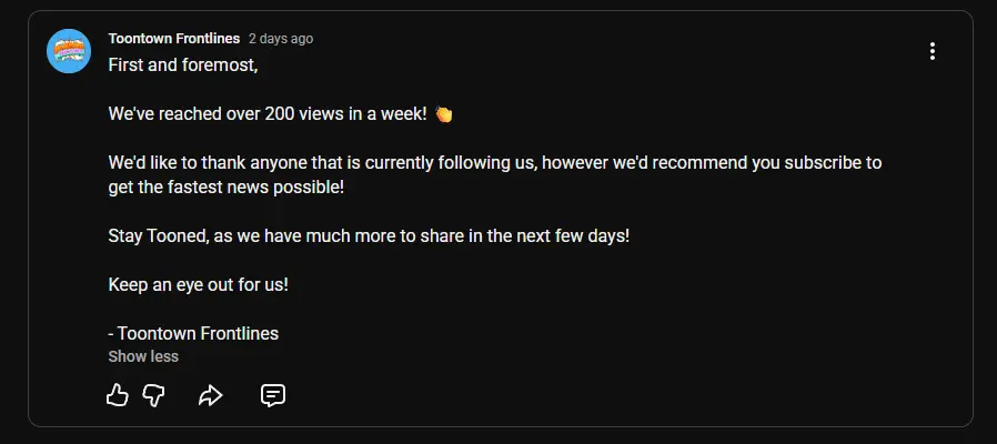 Toontown Frontlines celebrates getting 200 views across six videos.