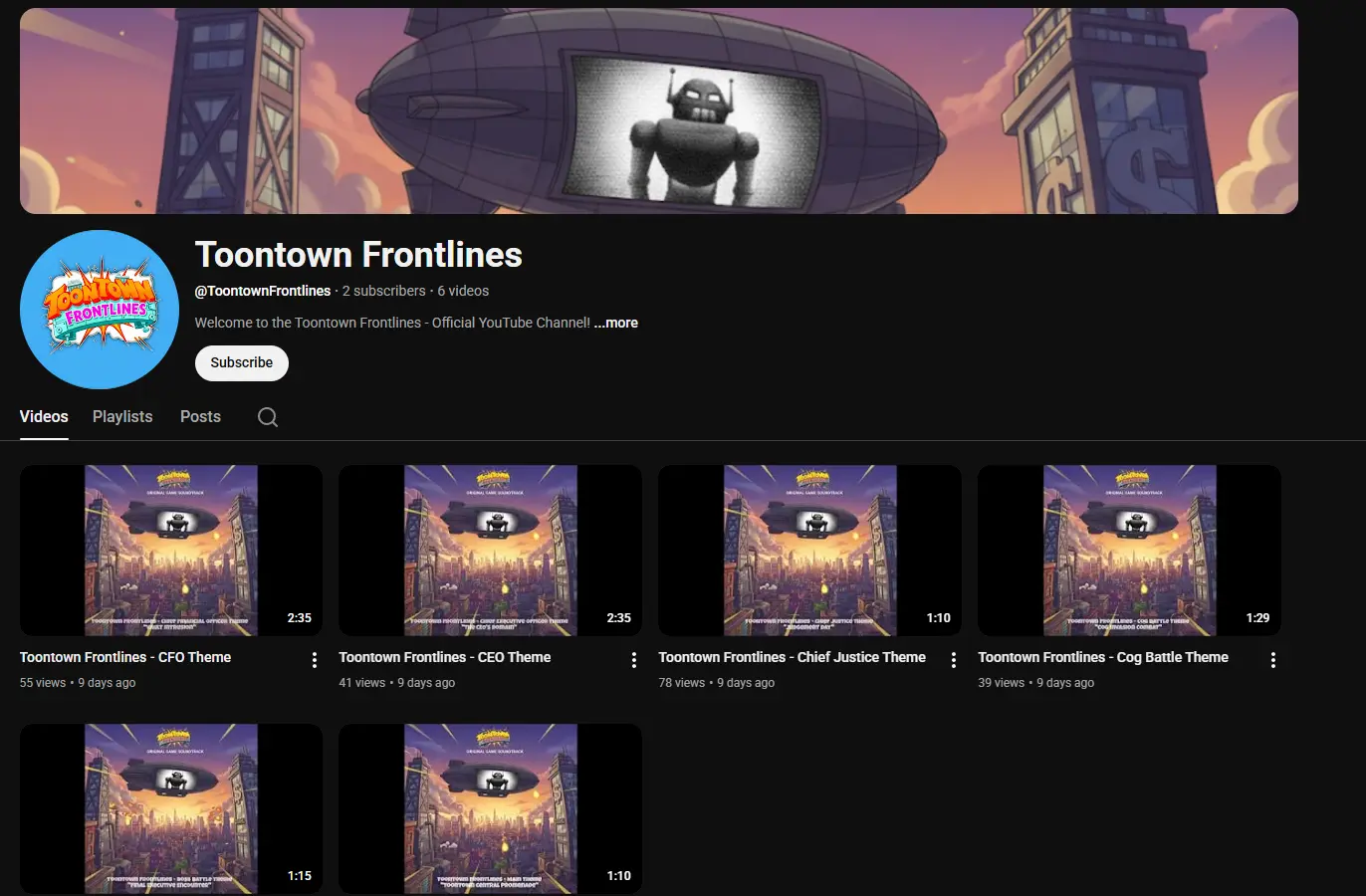 A screenshot showing AI generated Youtube videos of Toontown Frontlines' soundtrack.